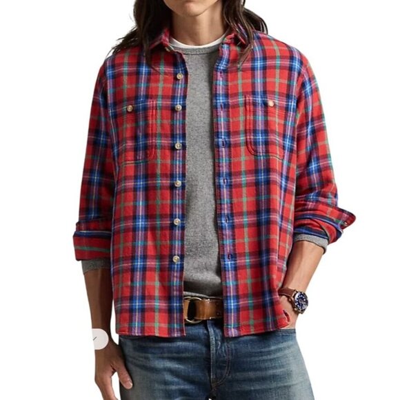 Vtg Polo Ralph Lauren Men's LG Red Plaid Flannel Long Sleeve Work Shirt Gorpcore - Picture 1 of 15